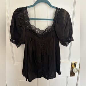 Reformation Black Lace and Cotton square neck blouse
